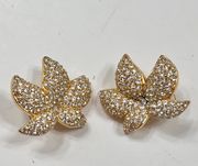 Vintage  Crystal Studded Pedal Shape Gold Tone Statement Earrings