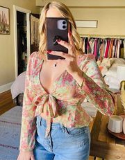 Floral Satin Front Tie Long Sleeve Top