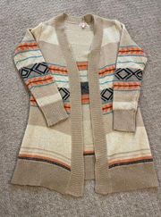 Woven Heart Brown Knit with Orange & Blue Aztec Print Open Cardigan Medium