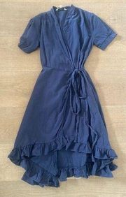 davi & dani navy blue tulip ruffle edge cotton dress