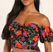 NEW Lulus Bright Beauty Floral Ruched Off The Shoulder Women Small Crop Top