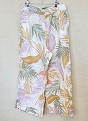 Tahari 100% Linen Wide Leg Pull On Flowy Tropical Palm Hawaiian Print Pants  XL