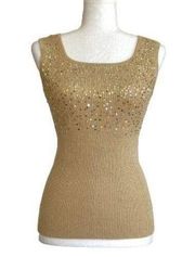 Once Again Top Camel Gold Sequins Sparkle Sleeveless Ribbed Knit Dressy Small