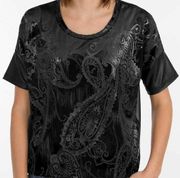 Bke black paisley velvet faux leather chiffon combo blouse size large