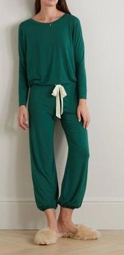 EBERJEY Gisele Jersey Knit Slouchy Pajamas in Forest Green/ Bone Size X-Small