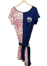 Stussy Tribe Belted Short Sleeve Mini T Shirt Dress Red Cream Navy Size Large