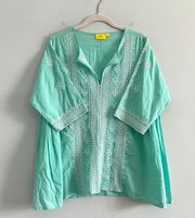 Turquoise Embroidered Cotton Tunic Blouse