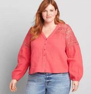 NWT Lane Bryant Womans No Peek Crochet Crop Top Button Down Pink Size 14