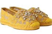 Authentic Dolce & Gabbana Rhinestone Lace Espadrilles Yellow Flats Slipons