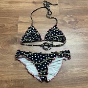 Luli Fama Club Tropicana Black Rhinestone Pearl 2PC Wavey Triangle Bikini XS/S