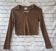 Livi by Olivia Rae Brown Ribbed V Neck Crop Top Long sleeve Size Medium