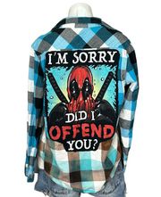 Marvel Deadpool Plaid Flannel Shirt SMALL Oversize Shacket Upcycle Unique  Blue