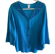 Avon Style Vintage 100% Cotton Blue V-Neck Button Up Tunic Crochet Blouse Size S