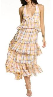 NEW Cinq à Sept Astor Sleeveless Tiered Midi Dress White Pastel Plaid