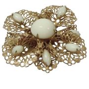 Vintage MCM Filigree Milk Glass? Goldtone Pin Brooch- FLAWED