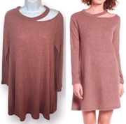 Cotton Emporium Ripped Neck Sweater Dress Cutout Swing Knit Mocha Pink M