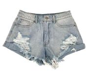 Fashion Nova  Take Me to a Concert Distressed Denim Shorts Light Blue Size 28 NWT