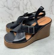 Lucky Brand Sandals Womens Size 9.5 Black Leather Slingback Platform Wedges New