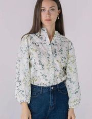 Floral Print Embroidered Eyelet  Top in Multicolor Size Medium