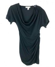 Lacoste x Malandrino Womens Asymmetrical Cotton Modal Ruched Dress Black Medium
