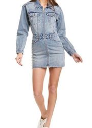 Underrated Domino Denim Mini Dress Light Wash Zip Up Long Sleeve sz Medium