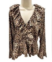 BOSTON PROPER long sleeve ruffled, cheetah print satin blouse top