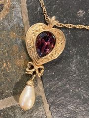 Amethyst Vintage 80s Avon  Heart w/ Tear Drop Pearl Dangle Pendant