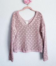 Artelier Nicole Miller Open Knit Crochet Light Mauve Scoop Neck Sweater