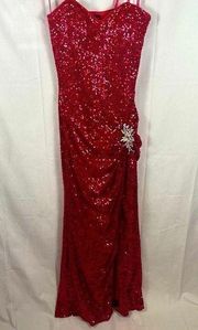 La Femme  Hot Pink Strapless Sequin Long Prom Gown Dress Rhinestone Accent 0