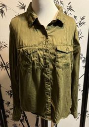 Women’s Blouse Bottom Up Long Sleeve Pocket Green SZ L