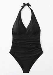 SheIn NWOT One Piece Swimsuit Plus Ruched Backless HalterTie Removable Cups 3XL Black