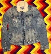 Vintage Polo Ralph Lauren no 67 distressed denim jean jacket Sherpa size M EC