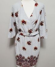 Tacera gray floral hacci knit belted surplice dress size medium