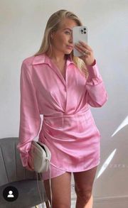 mini dress satin effect drapped long sleeve pink party wedding coctail