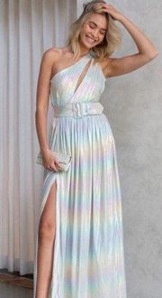 RETROFETE Andrea Ombre Belted One Shoulder Maxi Dress in Gold White Sz S