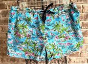 Vintage Flamingo Shorts Drawstring Stretch Waist 32 in Palm Trees Pocket…