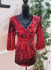 One World Women's Red Velvet V-Neck Long Sleeve Casual Tunic Top Blouse Size 1X