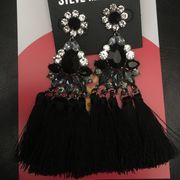 Steve Madden Black Multi stones Earrings w tassels