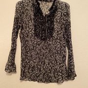 Tahari Silk  Blouse M  Top Black Animal Print Sheer