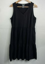 Matty M Linen Blend Tiered Sleeveless Relaxed Fit Black Dress w Pockets size S