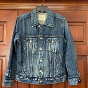 Lucky Brand Coolest Woman embroidered distressed denim jacket M