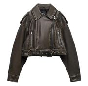 ZARA  Womens Faux Leather Crop Biker Jacket Viral Size Medium Oversize