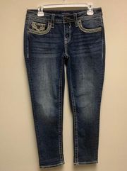 Vigoss 6 Capri Length Heritage Fit Skinny Jeans Embroidery Accents Denim Blue