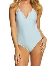 Jessica Simpson Blue Stripe Seer Sucker Scallop Edge One Piece Swim Suit