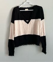 Nation LTD Black Pink Striped Baby Alpaca Blend Long Sleeve Fringe Sweater Large