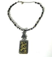 Laura Ashley Beaded Pendant Statement Necklace Foil Black Silver Tone Vintage