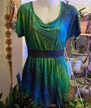 H.i.p. Blue/Green Short Sleeve Cinch Waist Top Size Medium