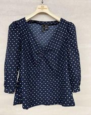 mango casual heart blouse navy blue blouse pullover silky Sz Small s 6 printed