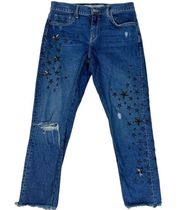 Anthropologie Pilcro Slim Boyfriend Cropped Jeans 29 Embroidered Sequins Stars