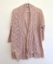 DRESSBARN DRESS BARN Plus Size Pink Floral Lace Open 3/4 Sleeve Cardigan Sweater